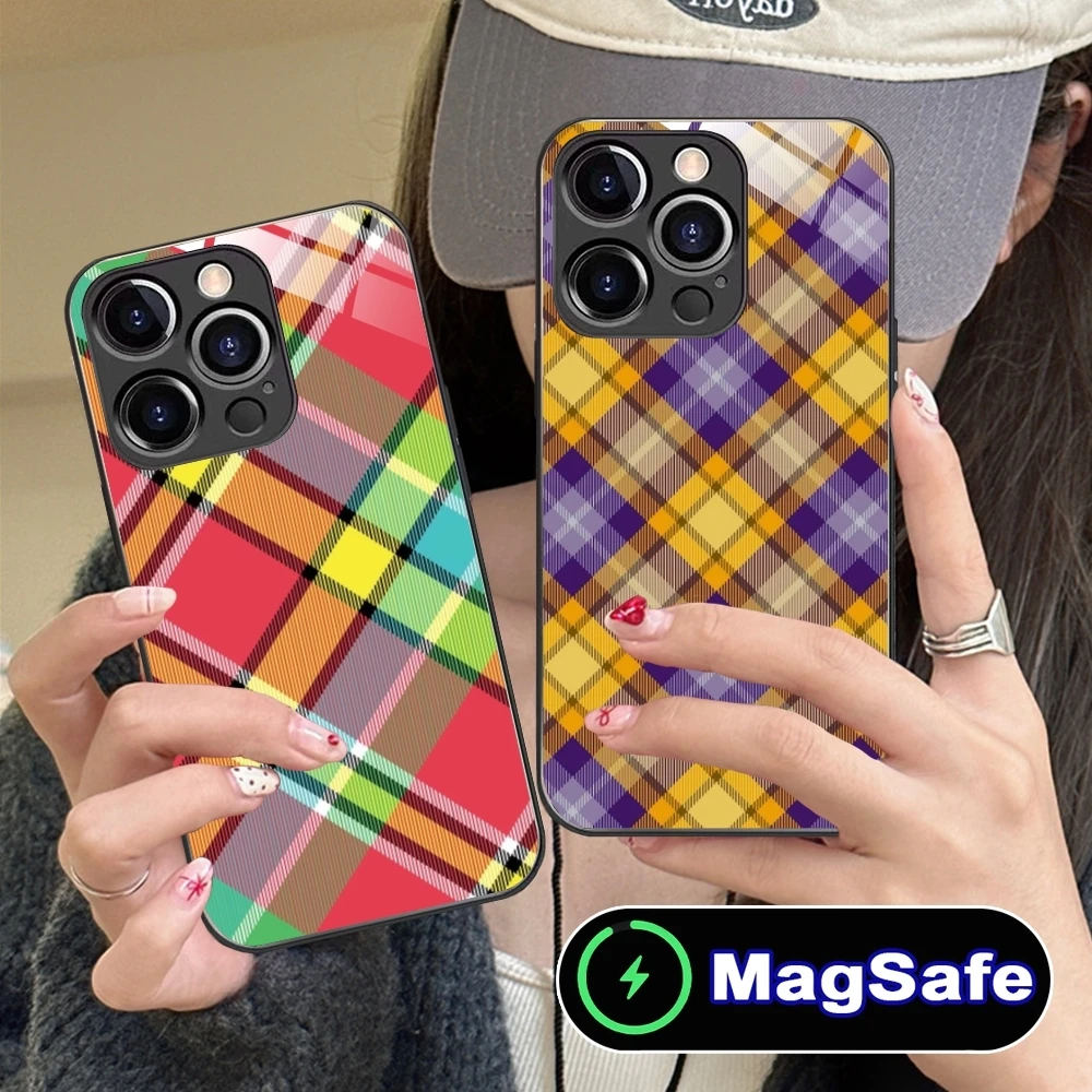 Lattice Grid Texture Mobile Cell Phone Case for iPhone 16 15 14 13 12 11 Pro Max Plus Mini MagSafe Wireless Charging Glass Cover