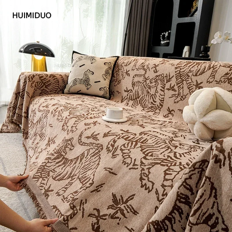Green Chenille Slipcover Retro Tiger Animal Anti Cat Scratch Furniture Protector Bedspread Couch Towel Full Cover Blanket 3 Set
