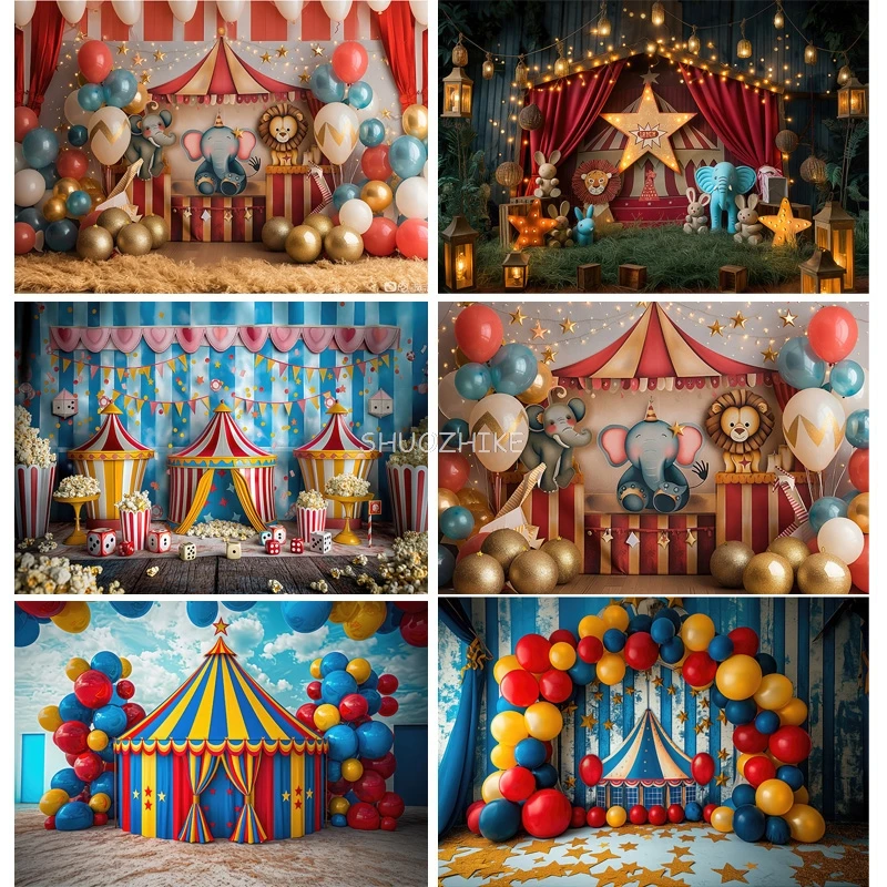 

Circus Tent With Striped Canopy Photography Backdrops Balloons Birthday Party Decor Animal Clown Photo Studio Background SD-01