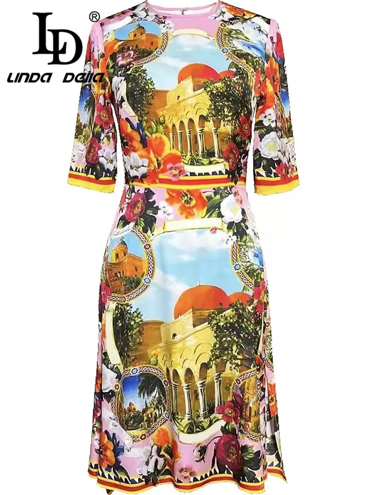 LD LINDA DELLA Autumn Winter Women\'s Dress Fashion Half Sleeve High Waiste Elegant Chic Print Beach Vacation Silk Dresses