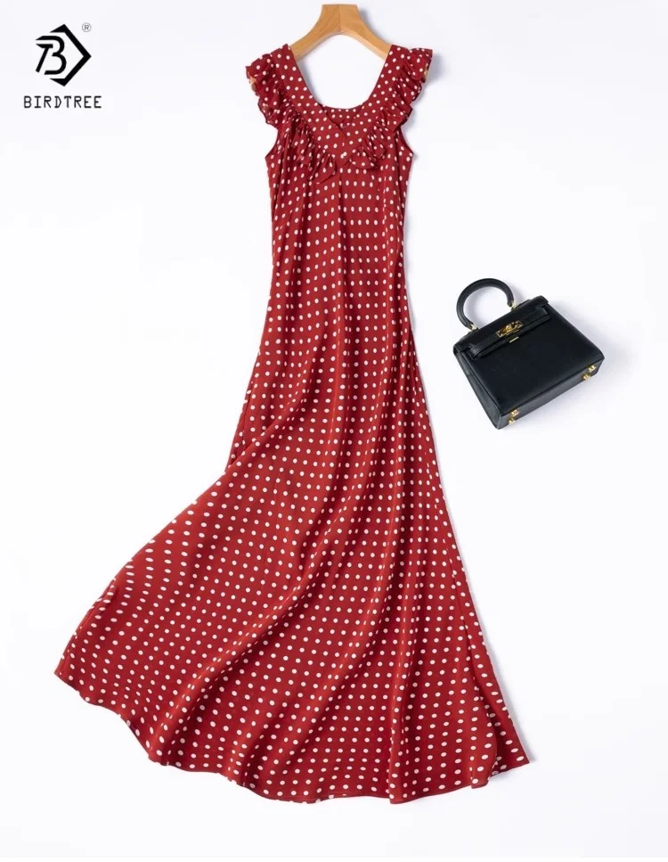 

Birdtree Summer 100% Mulberry Silk Dress,Women's Double Crepe Bias-Cut V-Neck Sleeveless Dot Print Vacation Style Dress D55801JF