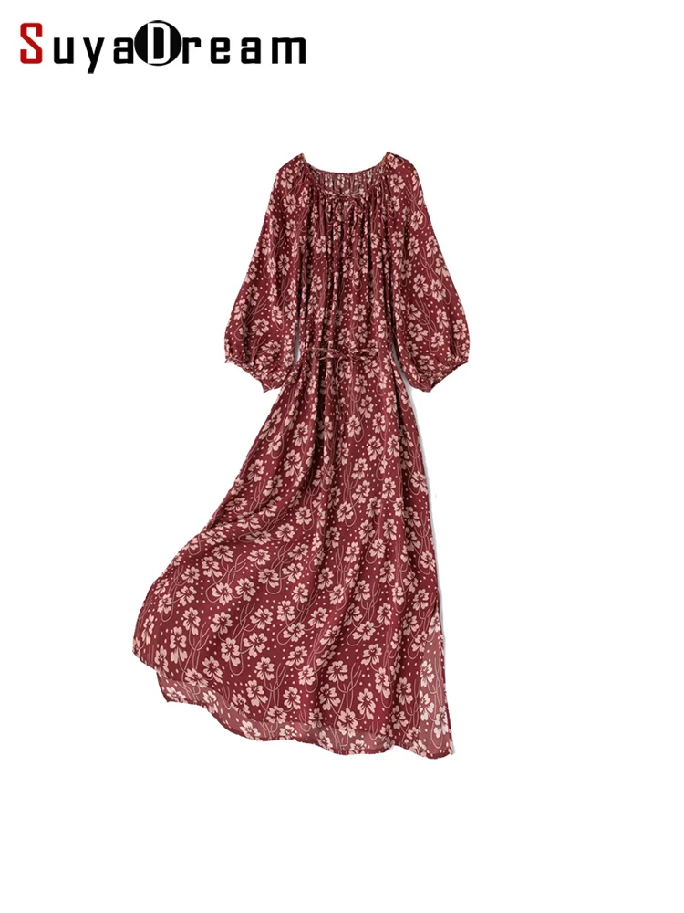 

SuyaDream,Women Floral Dresses, 100%Real Silk, Lantern Sleeves, Printed Long Dress, 2025 Spring Summer Clothes, Wine