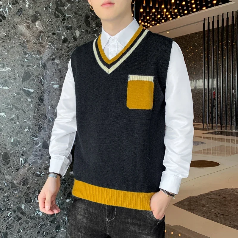 

Вязаный свитер без рукавов, однотонный тонкий винтажный мужской однотонный свитшот, топы, жилет, мягкий полосатый свободный пуловер с v-образным вырезом, трикотаж