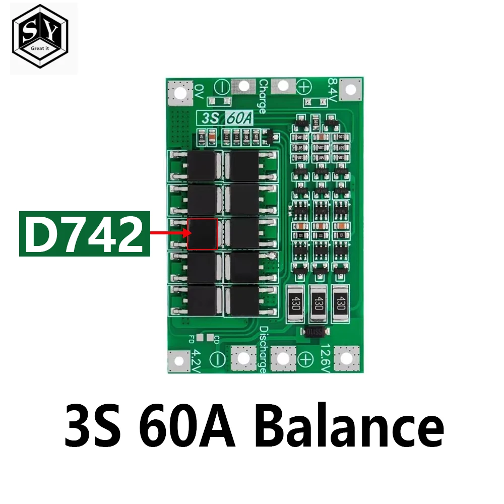 3S 60A Balance MOS D472 Li-ion Lithium Battery Charger Protection Board 18650 BMS For Drill Motor 11.1V 12.6V/14.8V With Balance