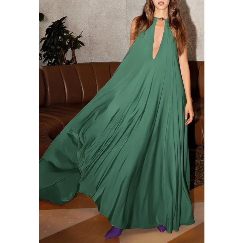 Tinha فساتين حفلات الأعياد باللون الأخضر/الأصفر للنساء 2025 فستان صيفي على شكل حرف a بطيات مجوفة فستان طويل أنيق ملابس نسائية 182717 #1