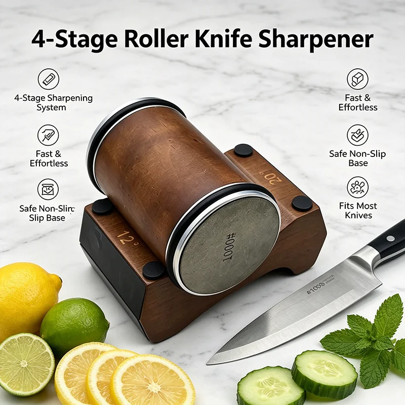Rolling Knife Sharpener 4 Angle 12/15/18/20 Wooden Base Magnetic Suction Kitchen Chef Knife Sharpening Diamond Stones Tools Sets