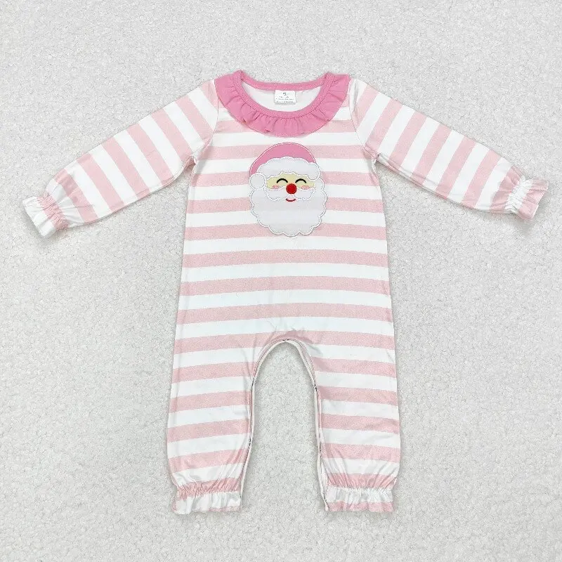 

8.16y Boutique Baby Girls Romper Embroidered Santa Claus Lace Pink Striped Long Sleeve Onesie Wholesale