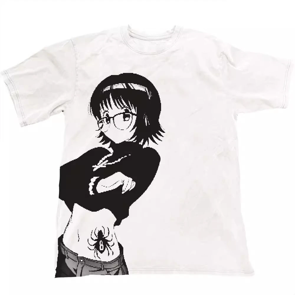 2026 Hunter X Hunter Shizuku Brille Spinnen-Tattoo-Print T-Shirt Weiß Oversized Baumwoll-Freizeit-T-Shirt für Anime-Fans