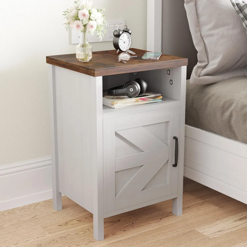 Farmhouse Nightstand, Modern Bedside Table Set of 2 with Barn Door and Shelf, Rustic End Table Side Table for Bedroom