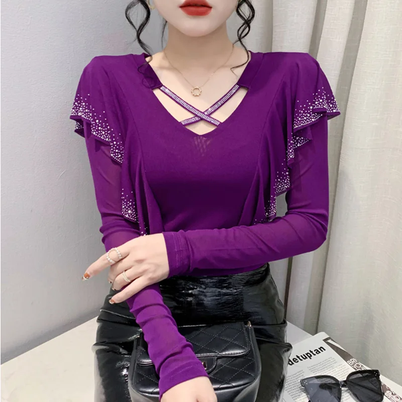 New 2025 Spring Long Sleeved V-Neck Women Shirt Elegant Slim Hot Diamond Ruffles Mesh Tee M-3XL Blue Black T-Shirt