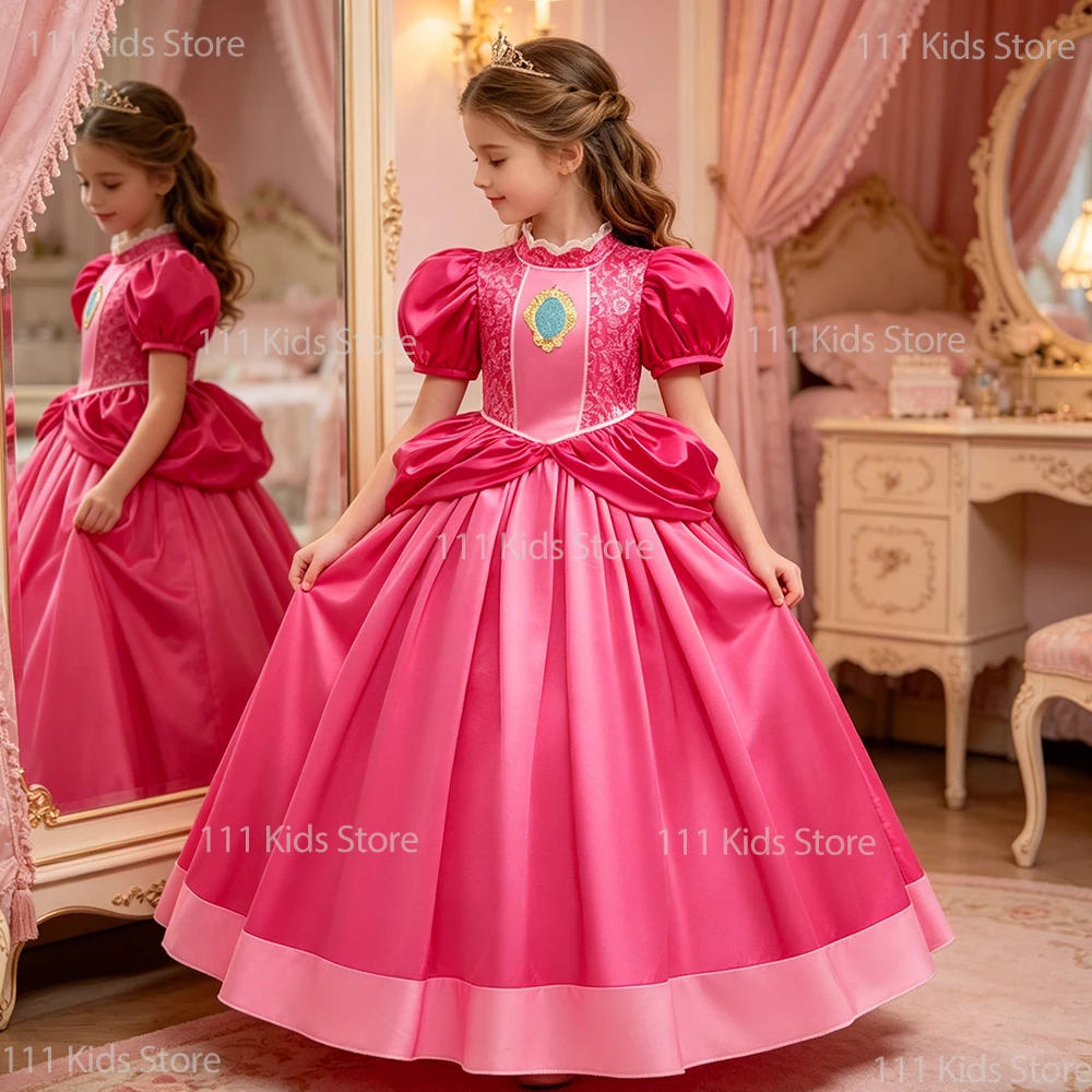 Girls Elegant Princess Evening Gown New Movie Superbro Peach Princess Cosplay Costume Children Short Sleeve Summer Long Dress