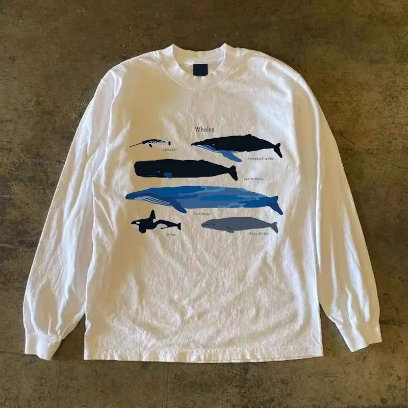 Kaos Lengan Panjang Pria Katun Murni dengan Cetakan Paus yang Trendi dan Menyenangkan ala Amerika