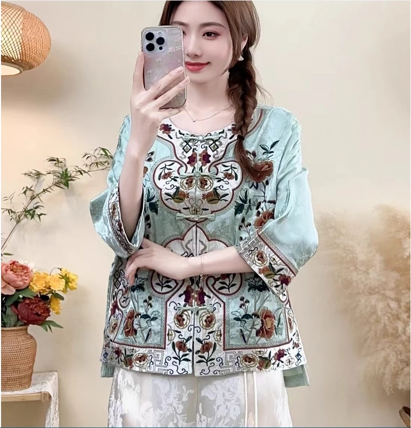 نمط جديد على الطراز الصيني التطريز الثقيلة خمر سهلة مطابقة سترة فضفاضة الأدبية والفنية خمر النمط العرقي #4