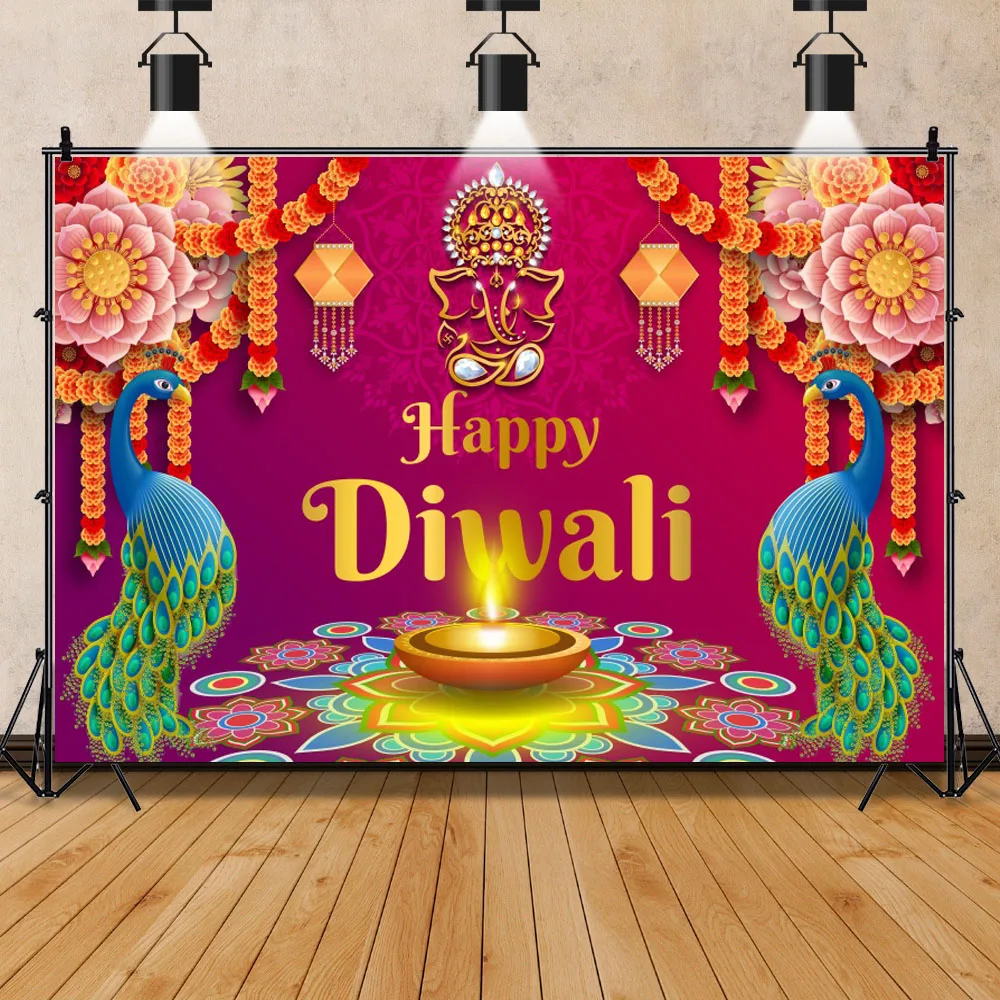 

Happy Diwali Backdrop India Festival of Lights Peacock Diwali Photography Background Indian Deepavali Light Diyas Decor Supplies