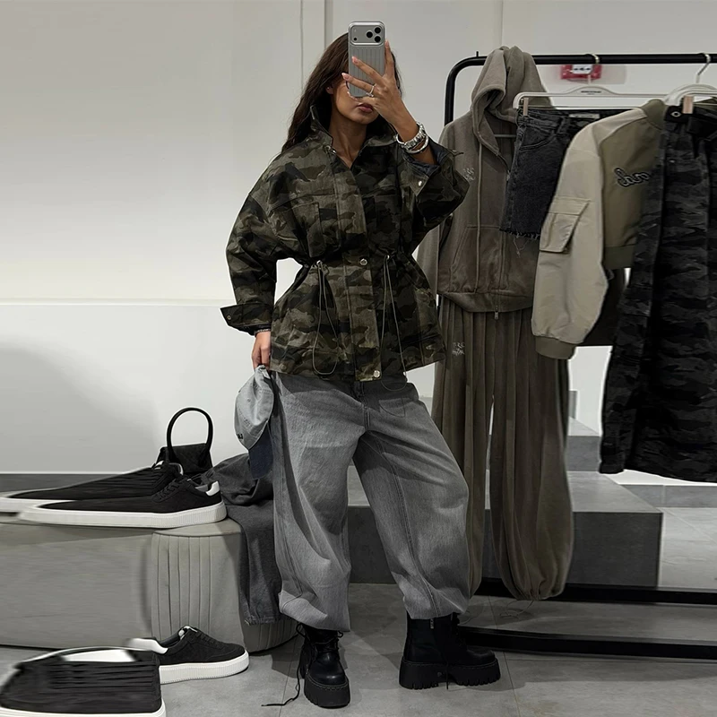 Women Camo Print Hooded Zipper Jacket Elastic Cuff Jacket Cropped Short Length Loose Puffer Winter Warm Winter Street Jackets