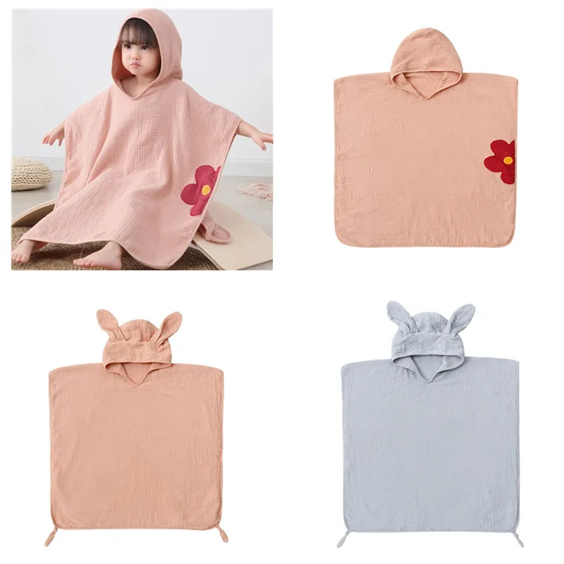 

Baby Kids Hooded Cape Sleeveless Cloak Poncho Outwear Beach Swimwear Coverup 4 Layers Cotton gauze Baby Hooded Bath Towel Wrap