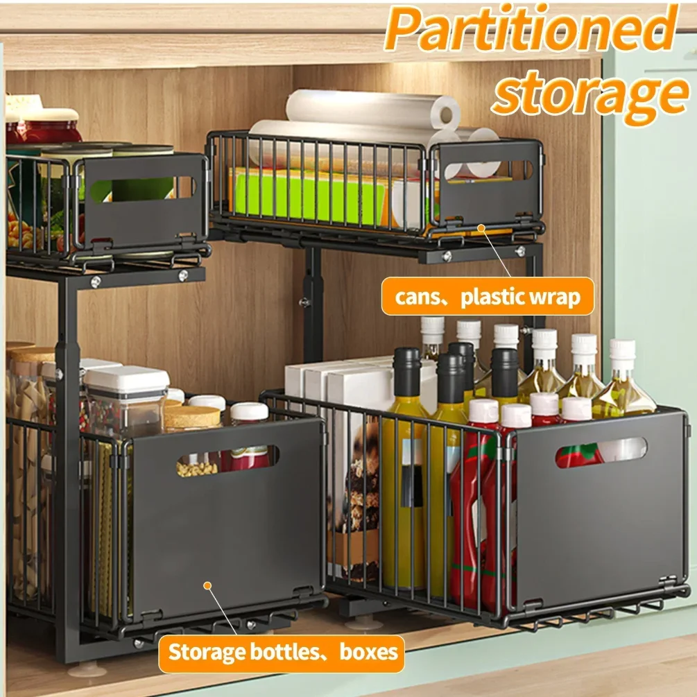 منظم تخزين تحت المغسلة من طبقتين، سلة تخزين خزانة منزلقة قابلة للتعديل، رف تخزين المطبخ مع أكواب شفط، كابينة سحب للخارج #4