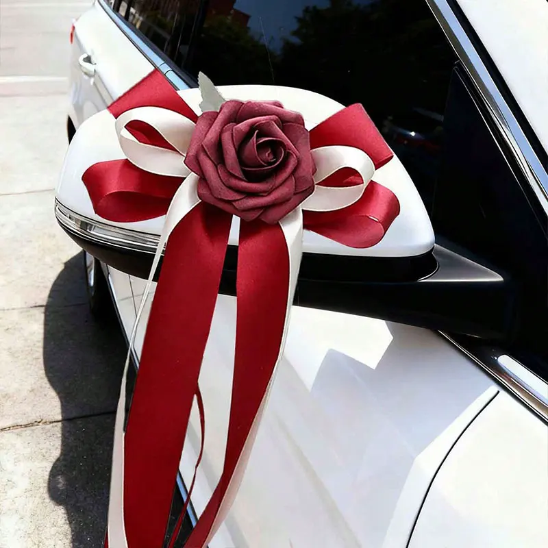 1 Stück Pompon-Blumen-Rückspiegeldekoration, Hochzeitsauto-Blume, mehrfarbige Einzelkopf-Rückspiegel-Autoblume, Hochzeitsdekoration, Schleifenband für Treppengeländer – Detail 7