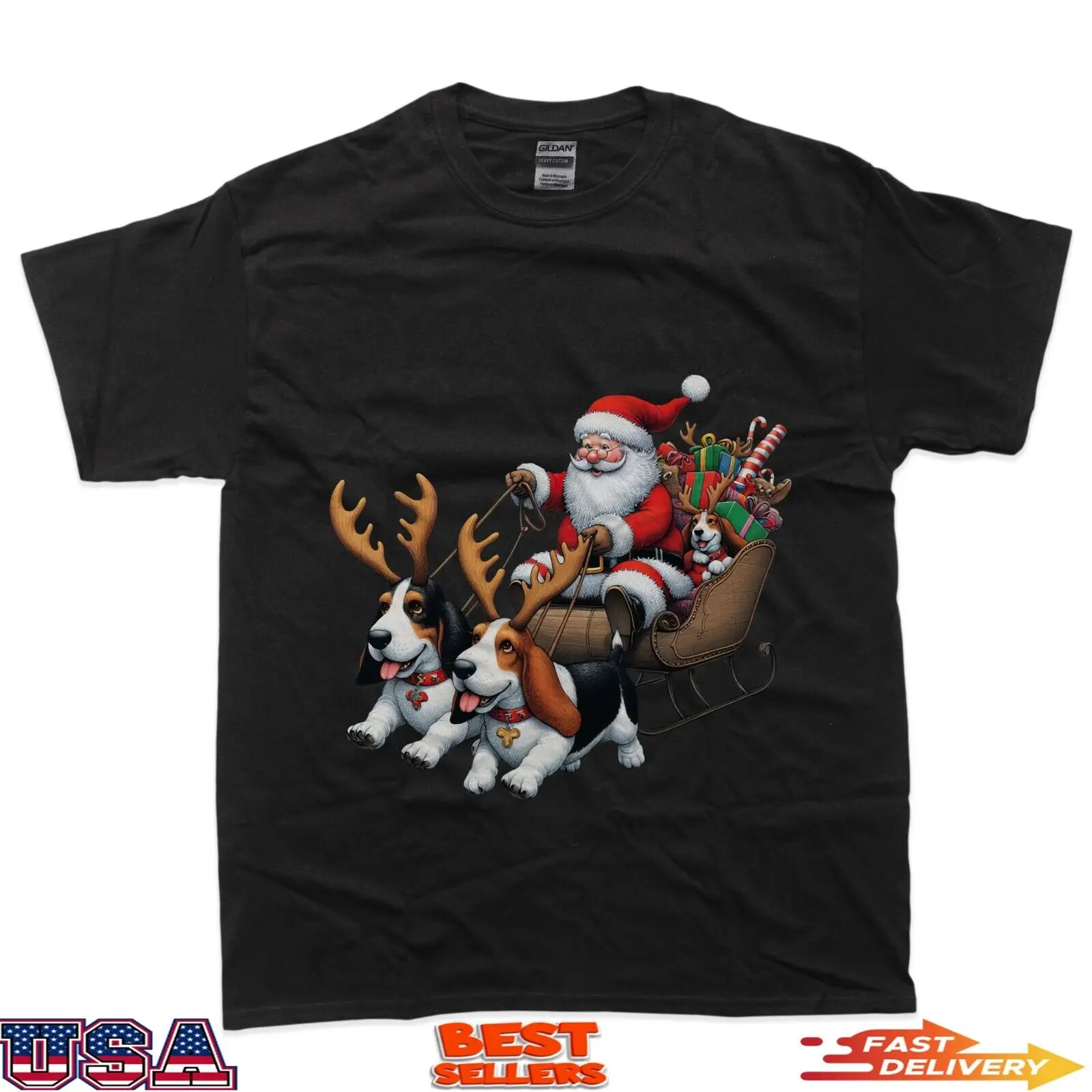 Santa Sleigh Basset Hound Reindeer Christmas Womens Mens T-Shirt