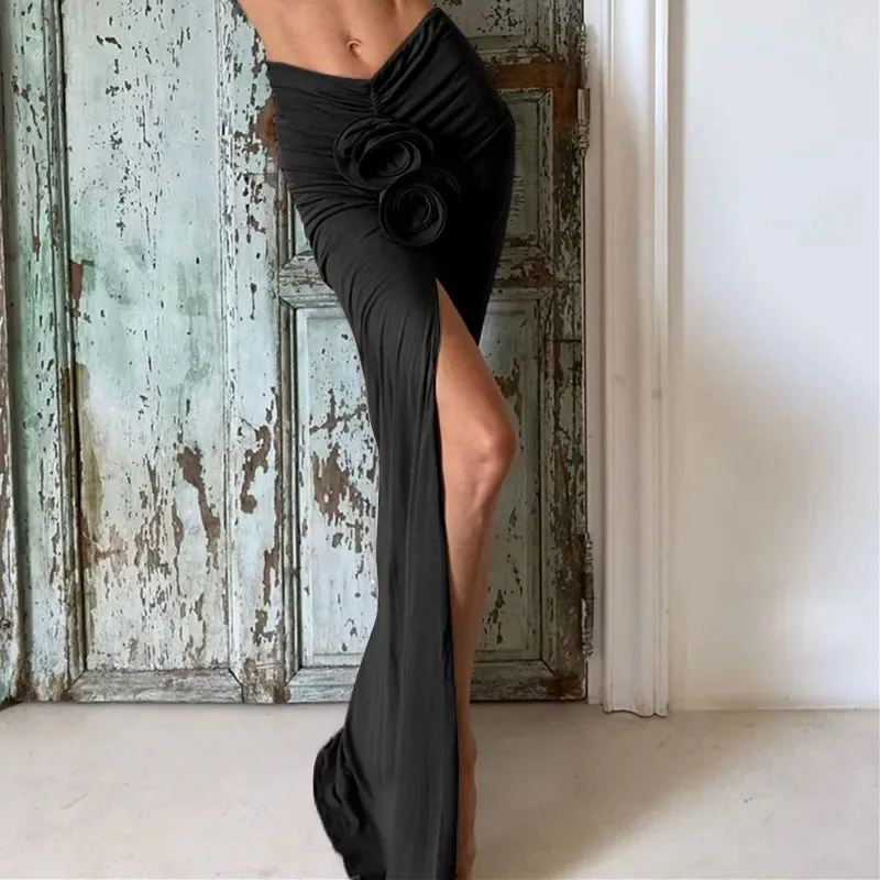 3D Flower Decoration Women Slit Skirt Y2K Sexy High Waist Folds Slim Ladies Midi Skirt Spring New Elegant Party Night Long Skirt