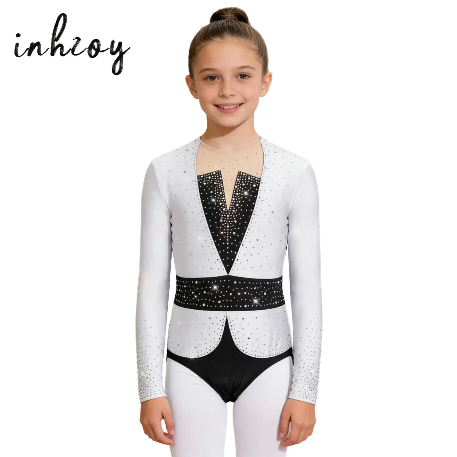 

Long Sleeve Girls Artistic Gymnastics Leotard Keyhole Back Shiny Rhinestones Color Block Tight Bodysuit Figure Skating Jersey