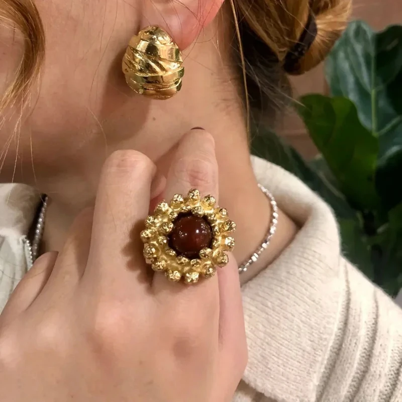 2025 Europe America Fashion Red Resin Brass Gold Plated Wide Ring Women Delicate Charm Jewelry Trend