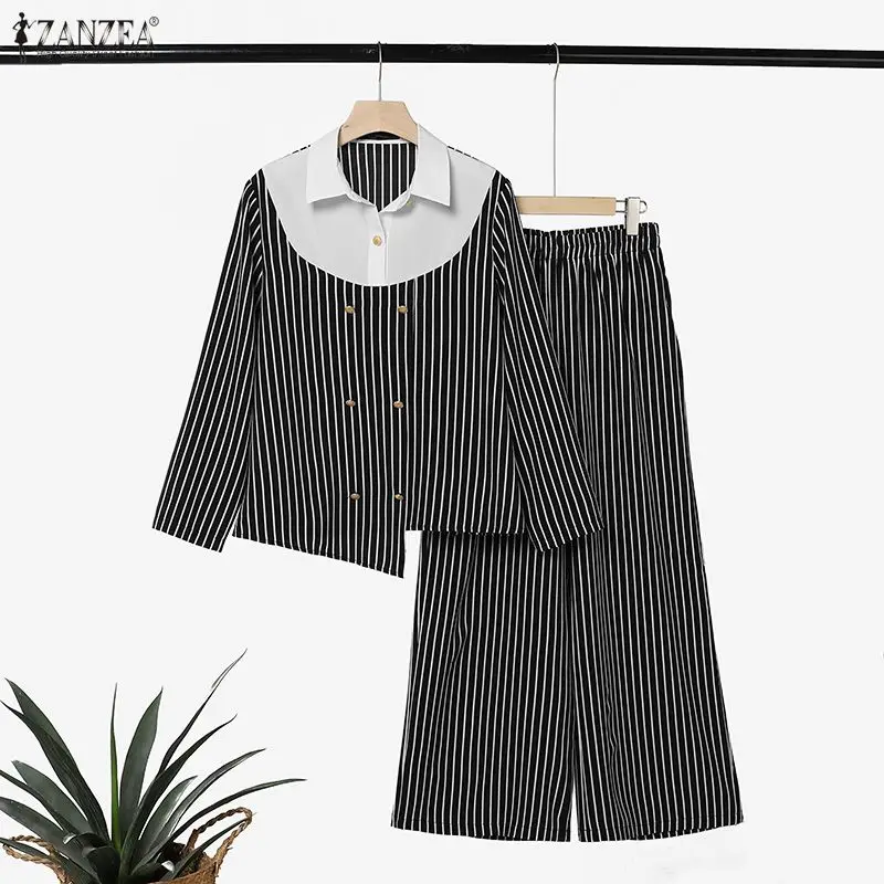 Women's Elegant Chic Striped 2-Piece Matching Sets Color-Blocked Long Sleeve Blouse & Wide Leg Pant Sets ZANZEA Autumn Co-ords