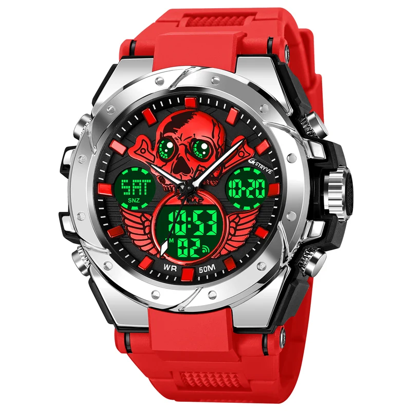 New STRYVE Men's Watch Fashion Skull Design Digital-Analog Dual Display Watches Calendar Stopwatch Multifunction Watches S8008