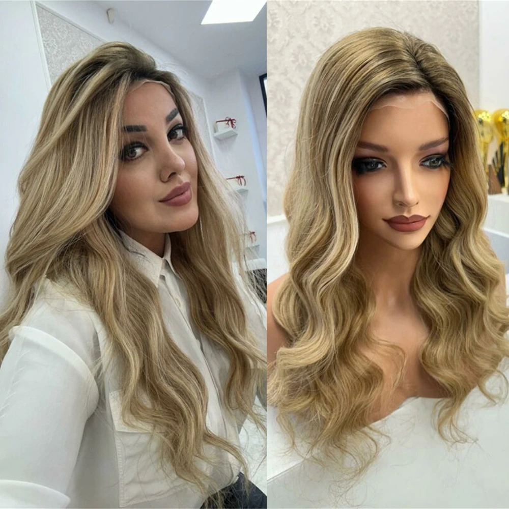 Warm Blonde Balayage Synthetic Lace Front Wigs For Women 30 inches Soft Wavy Blonde Wig Ginger Highlights Cosplay Wigs High Heat