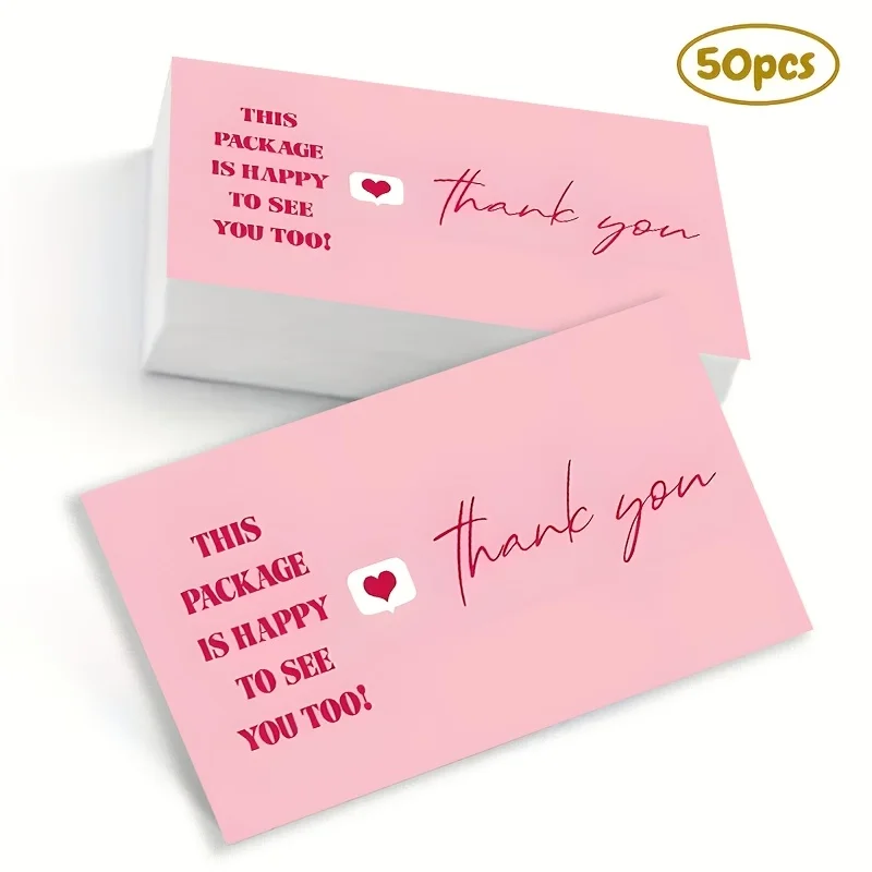 50PCS Pink Fun Design Gift Thank-you Card, High-value Creative Design, Thick Paper Printing Clear