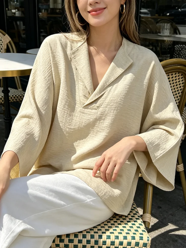 Blouse Women Casual Simple Stand Up Collar V-neck Ruffled Long Sleeved Shirt Basic Version Solid Color Top Suitable for Home image 5