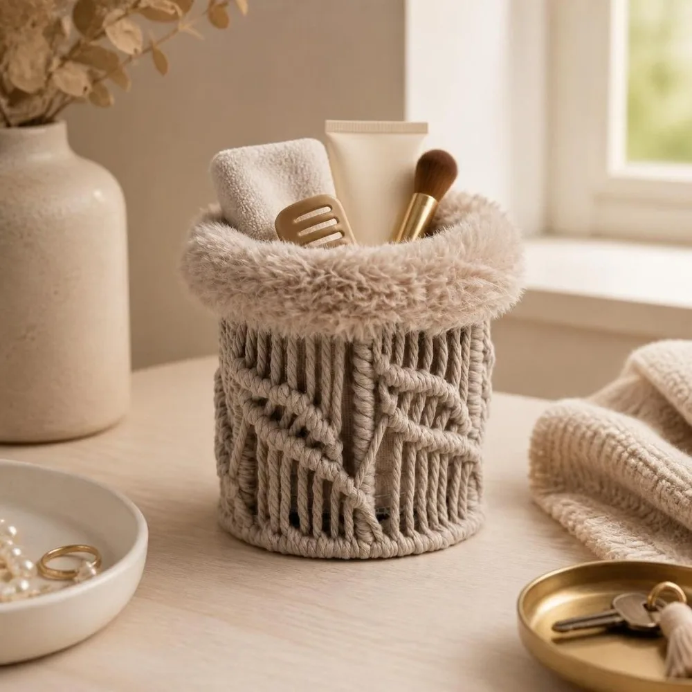 Cotton Rope Weaving Storage Basket Boho Style Hollow Out Storage Case Creative Plush Desk Organizer Desk Display
