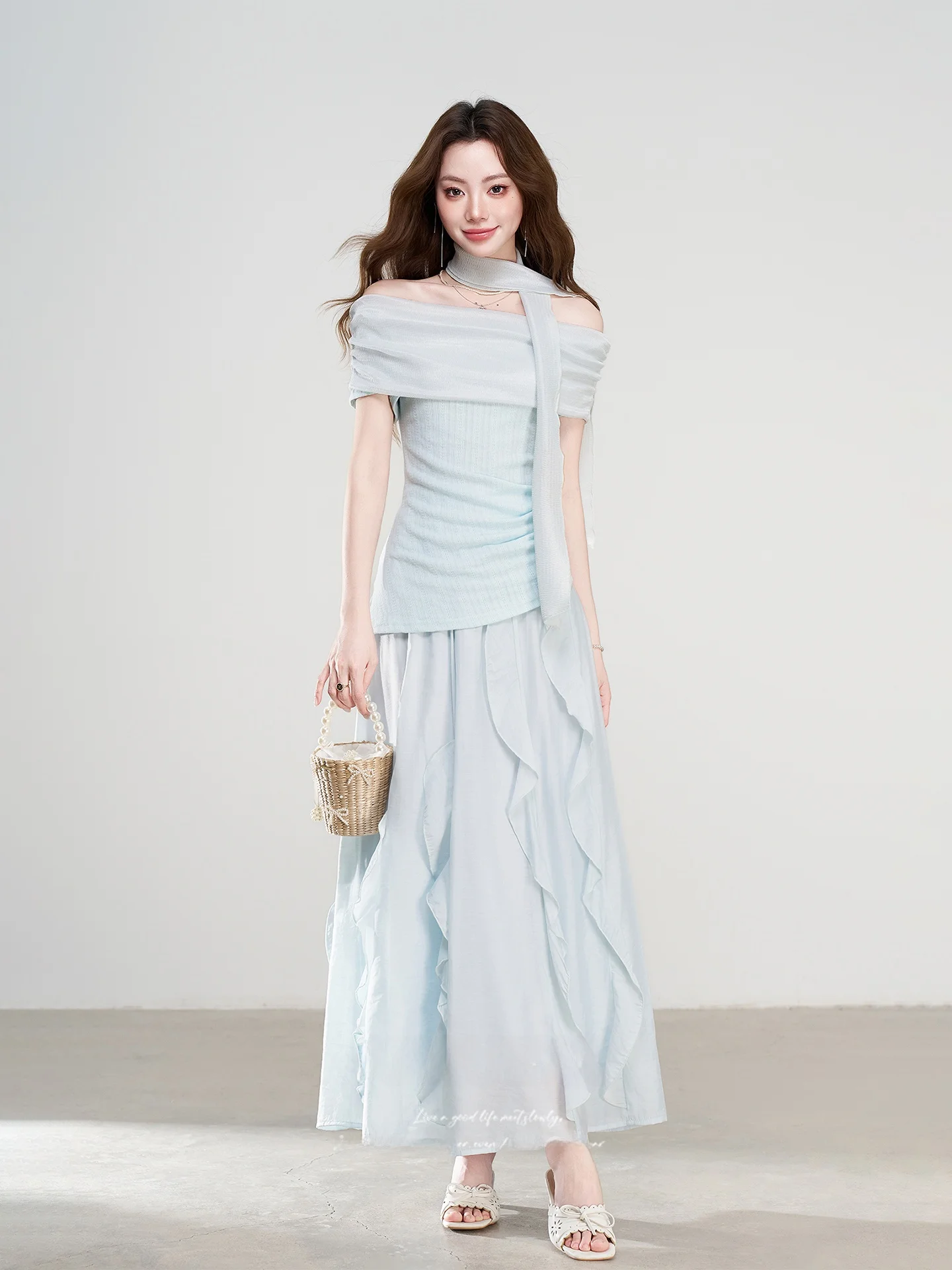 

Chic Korean Style Summer Fashion Set Women's One Shoulder Top And Halter Skirt High Waist Midi Dress Elegant Minimalist