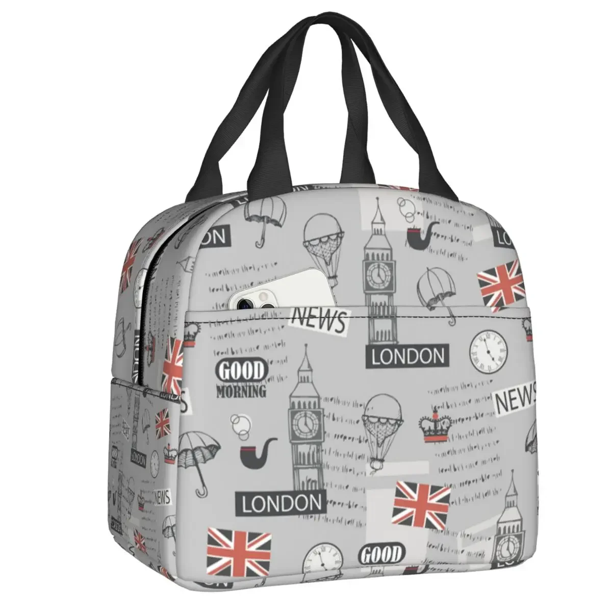 Retro London British Pattern Insulated Lunch Bag UK United Kingdom Waterproof Cooler Thermal Lunch Box For Women Food Tote Bags