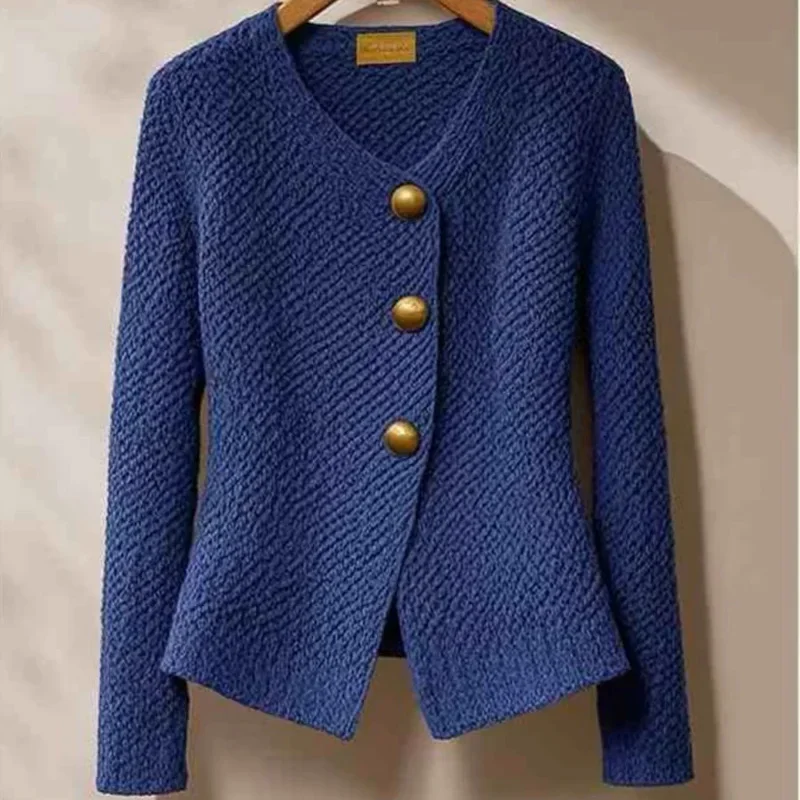 

Autumn Winter Fashion Solid Chic Button Thick Knitter Cardigan Women's Clothing Elegant Wool Slim V-neck Commute Blue Sweaters