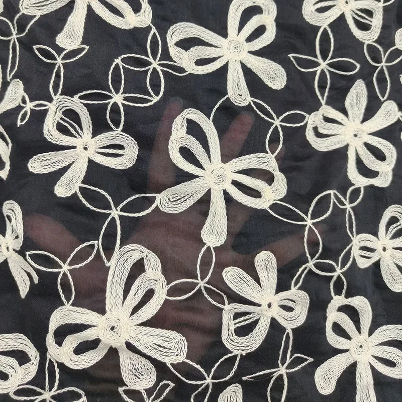 

High-end cotton bubble yarn with butterfly knot lace embroidery full-width fabric for dress clothing designer fabric