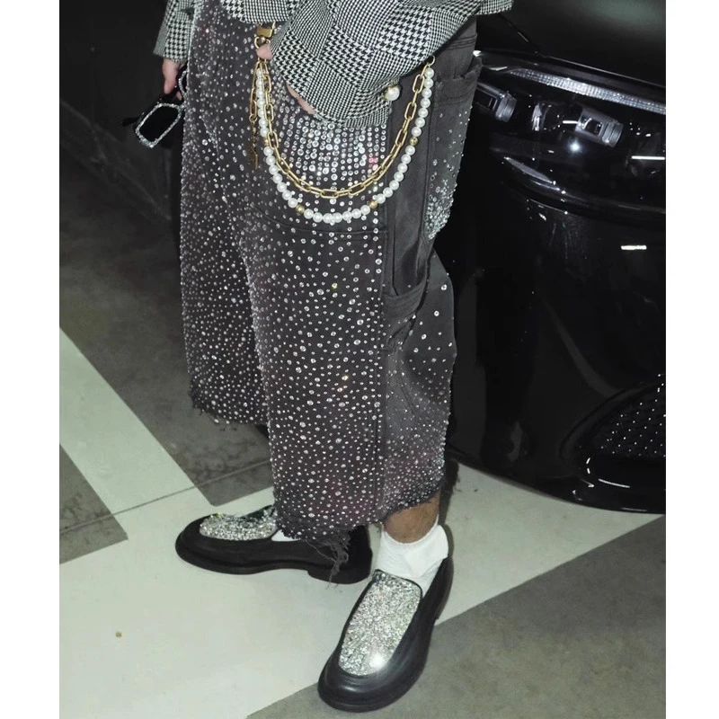 Men's 2025 Summer New Trendy Niche Short Pants High Street Hot Diamond Shorts Male Full Diamond Solid Color Denim Cropped Pants