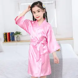 Girls Satin Bath Robe With Belt Summer Silk Robe Solid Color Children's Pajamas Soft Kid Bathrobe Dressing Gown Sleepwear Lounge