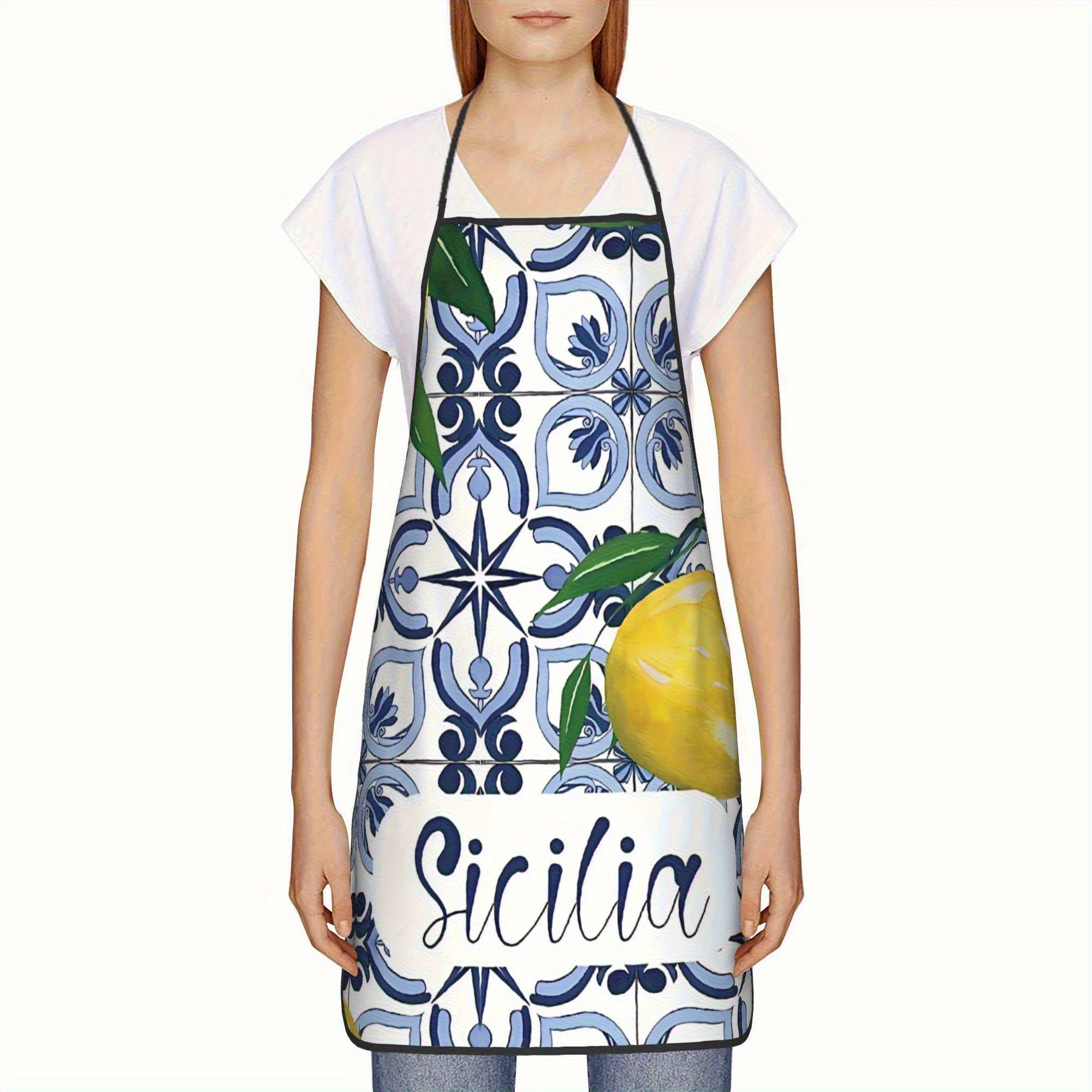 1pc Sicilian-Inspired Blue Tile & Yellow Lemons Apron - Stylish Polyester Kitchen Apron with Floral, Star & Leaf Pattern
