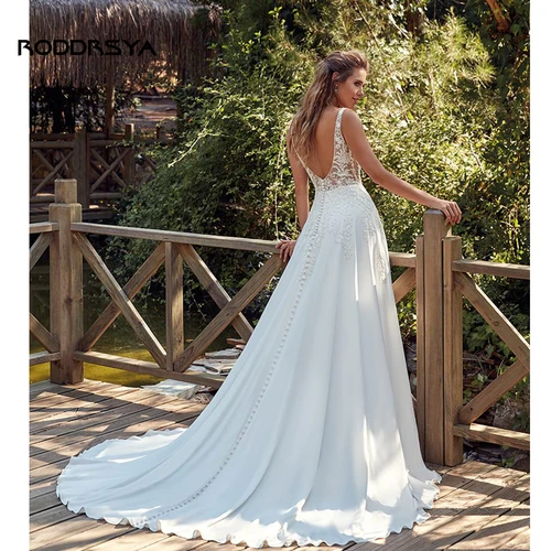 Imagen 2 del producto RODDRSYA-vestidos de novia bohemios con cuello en V para mujer vestido de novia elegante de gasa de encaje sin espalda una línea Civil personalizado Vestido de novia de cuello V femenino bohemio Elegante encaje chiffon
