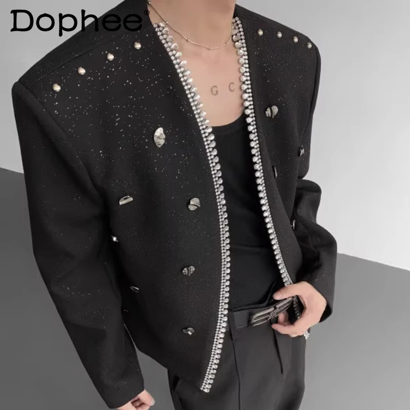 

Осень-зима 2022, новинка, звездное небо, тонкая вспышка, короткие мужские модные костюмы с заклепками ручной работы и бриллиантами, красивые мужские модели, куртки