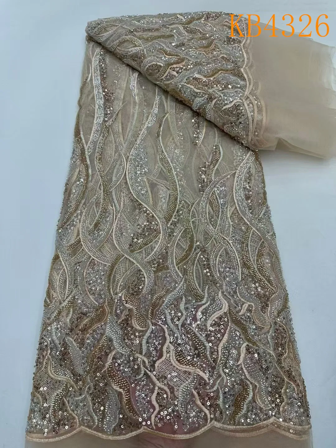 

Nigerian Gold Beaded Lace Embroidery Fabric African Fabric Lace High Quality 2025 French Mesh With Sequence For Sewing KB4326