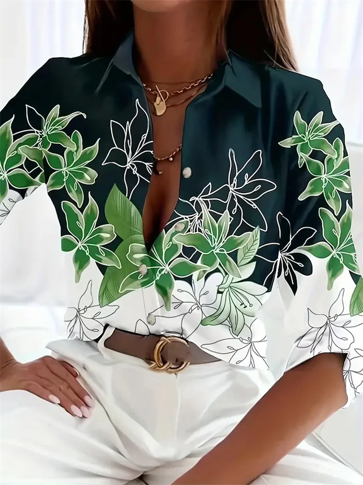 Temperament Casual Two-color Green Leaf Printed Women's Shirt Fashion Loose Lapel Shirt Holiday Elegant Long Sleeve Blouse