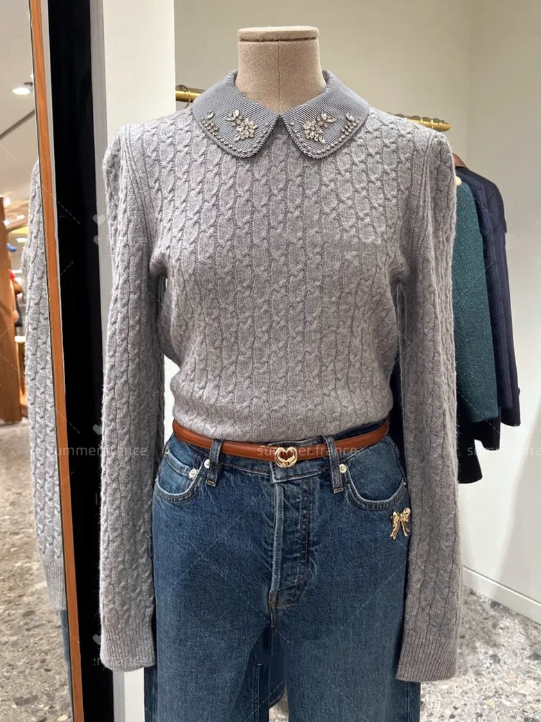 High-End Version Sweet Diamond Decorated Detachable Doll Collar Long Sleeve Knitted Top for Women Autumn Winter Fashion
