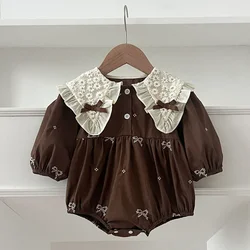 Newborn Baby Girl Romper Lace Bow Ribbon Ruffle Jumpsuit Long Sleeve Infant Toddler Floral Onesie Spring Embroidery Baby Clothes