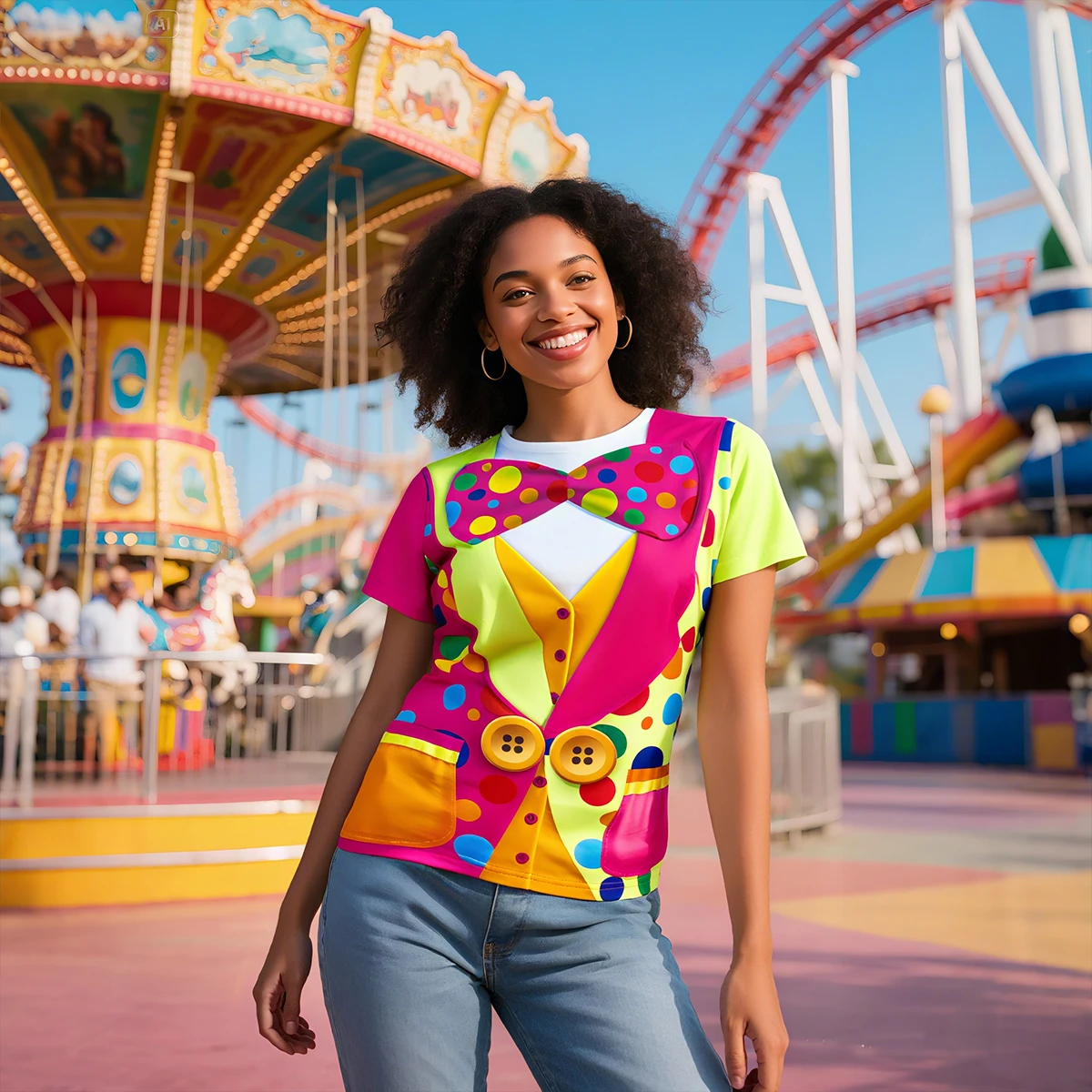 

Костюм клоуна, женская цирковая карнавальная вечерние футболка, одежда для косплея на Хэллоуин, женское нарядное платье, одежда для выступлений, 3D футболка, топ