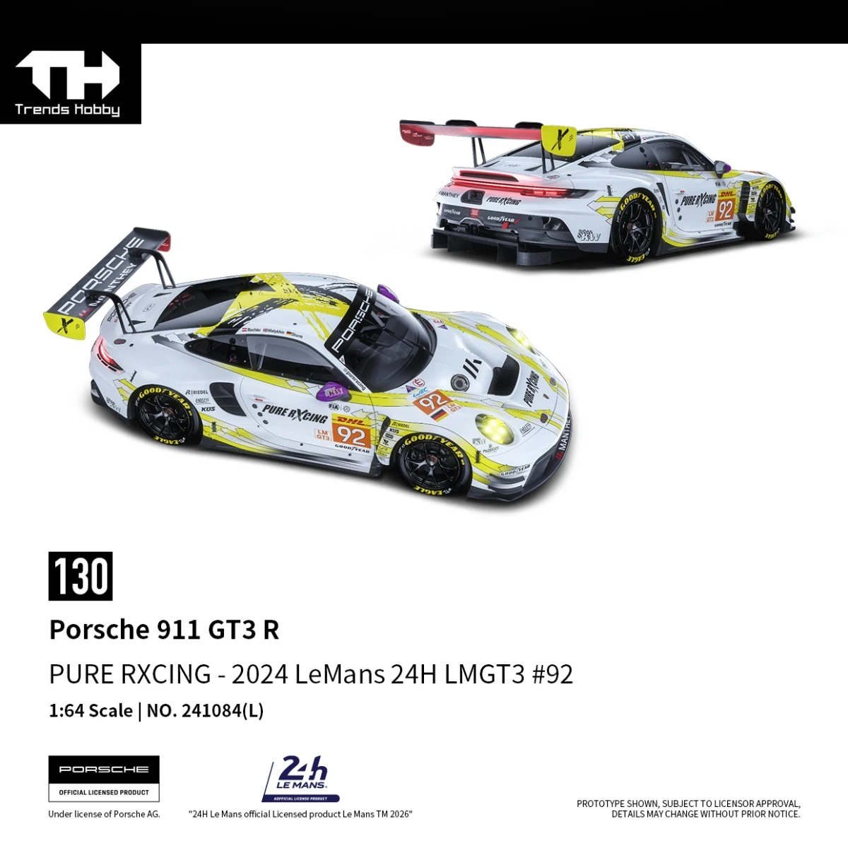 Trends Hobby 1/64 Porsche 911 GT3 R 2024 LeMans 24H LMGT3 Racing Miniature Model Toy Car Free Wheels Diecast Collection Gift