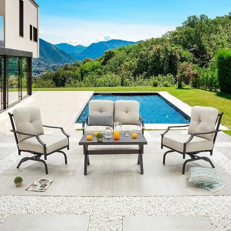 

4 PCS Outdoor Conversation Set - Metal Chairs with All-Weather Cushions, Loveseat and Poolside Lawn Chair for Patio Furniture
