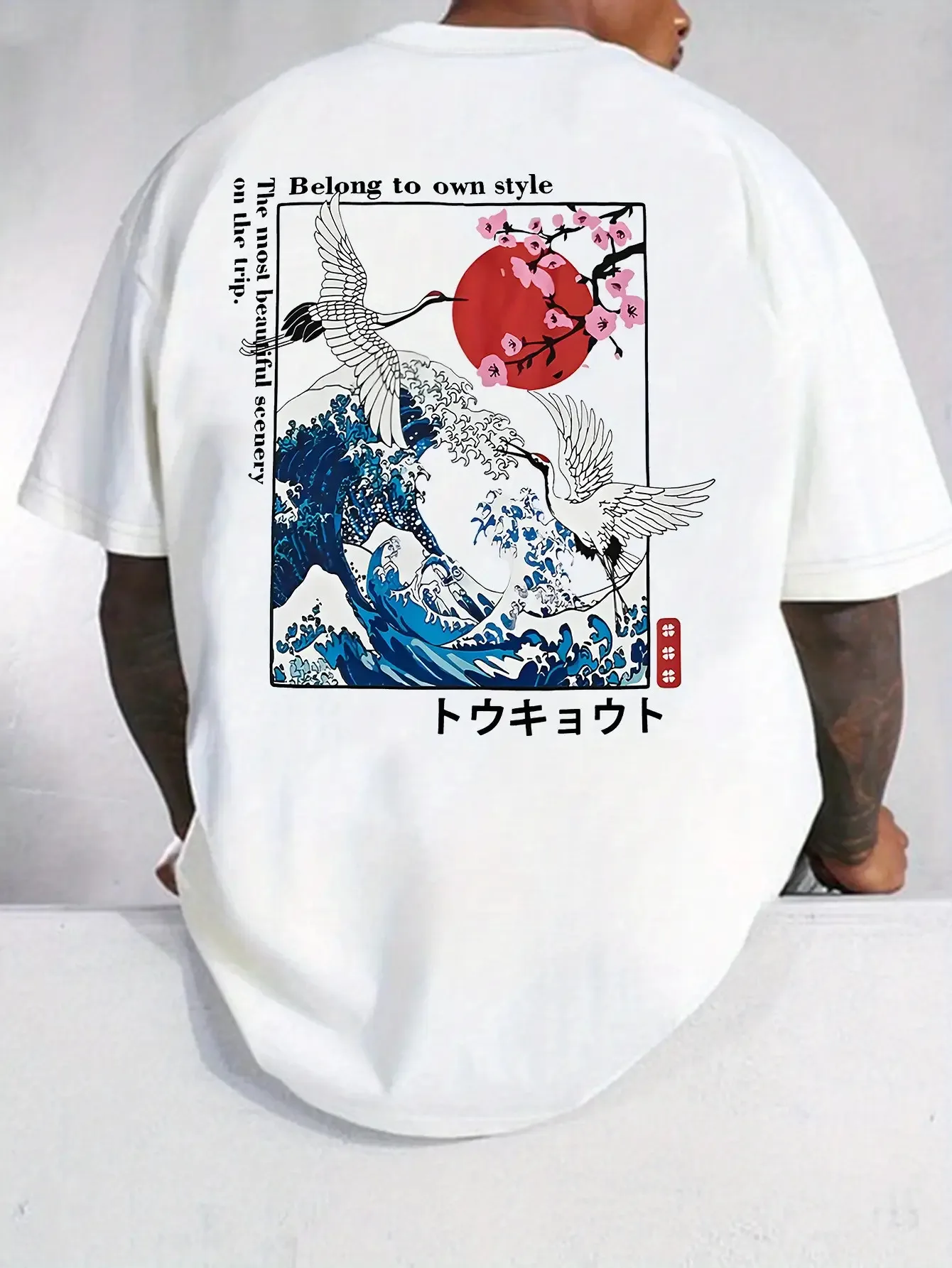 New 100% Cotton Fashion T-shirt Adult Men Kanagawa Cherry Blossom Japan Features Simple Design Comfortable Soft Breathable