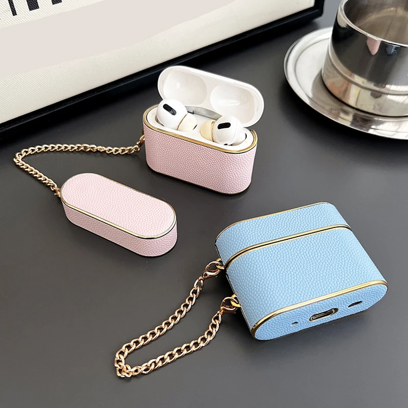 Custodia per auricolari carina con custodia in pelle di metallo di lusso per Airpods 1 2 3 con custodia per cinturino da polso per Airpods Pro 2